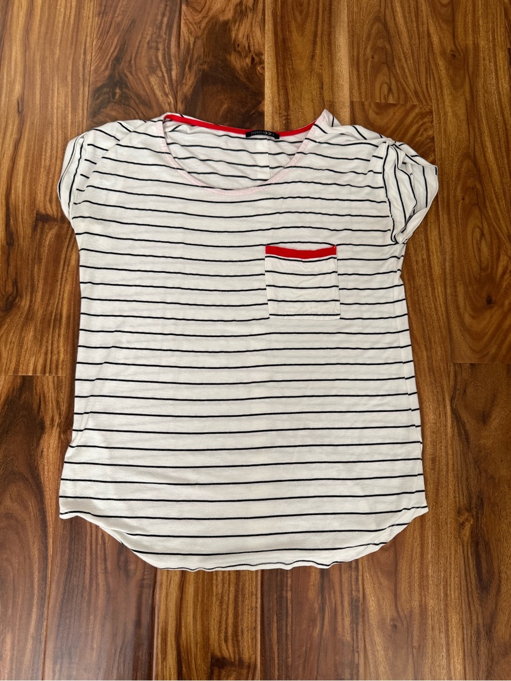 Papermoon striped t-shirt with red accents and buttons. Size Small